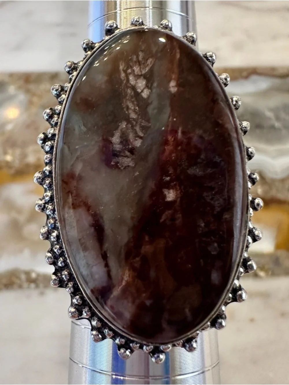 2533 Artisan Silver Ring with Deep Brown Mexican Laguna Lace Stone